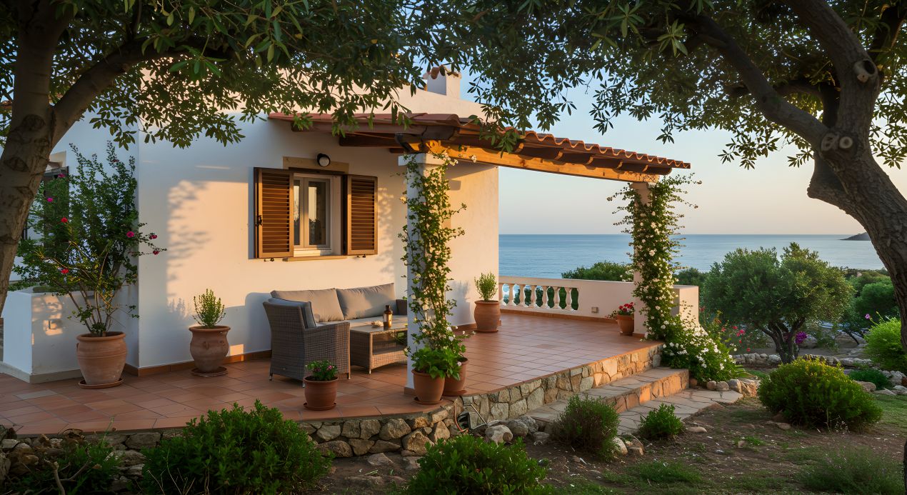 Terrasse mit Blick aufs Meer und Sitzgruppe mit Palettenkissen vor einem mediterranen Ferienhaus unter Baeumen